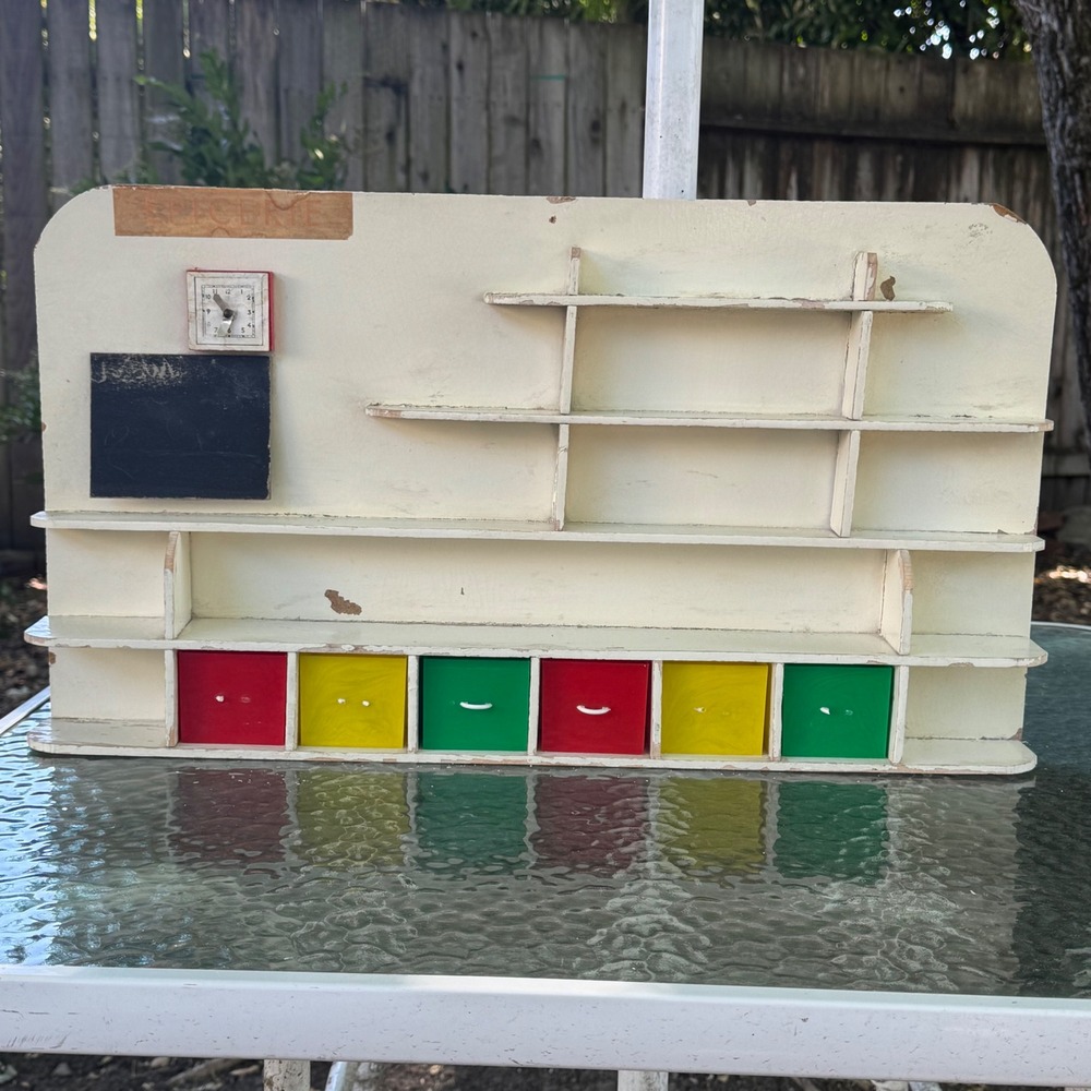 Vintage French Epicerie Toy Grocery Store Wood Shelf Unit Clock Chalkboard Cream